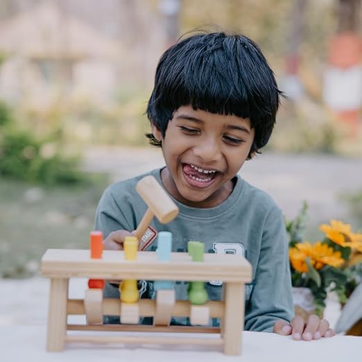 TOYS Wooden Pounding Bench Toy with Mallet | 8 Colourful Pegs - Flip, Pound & Repeat